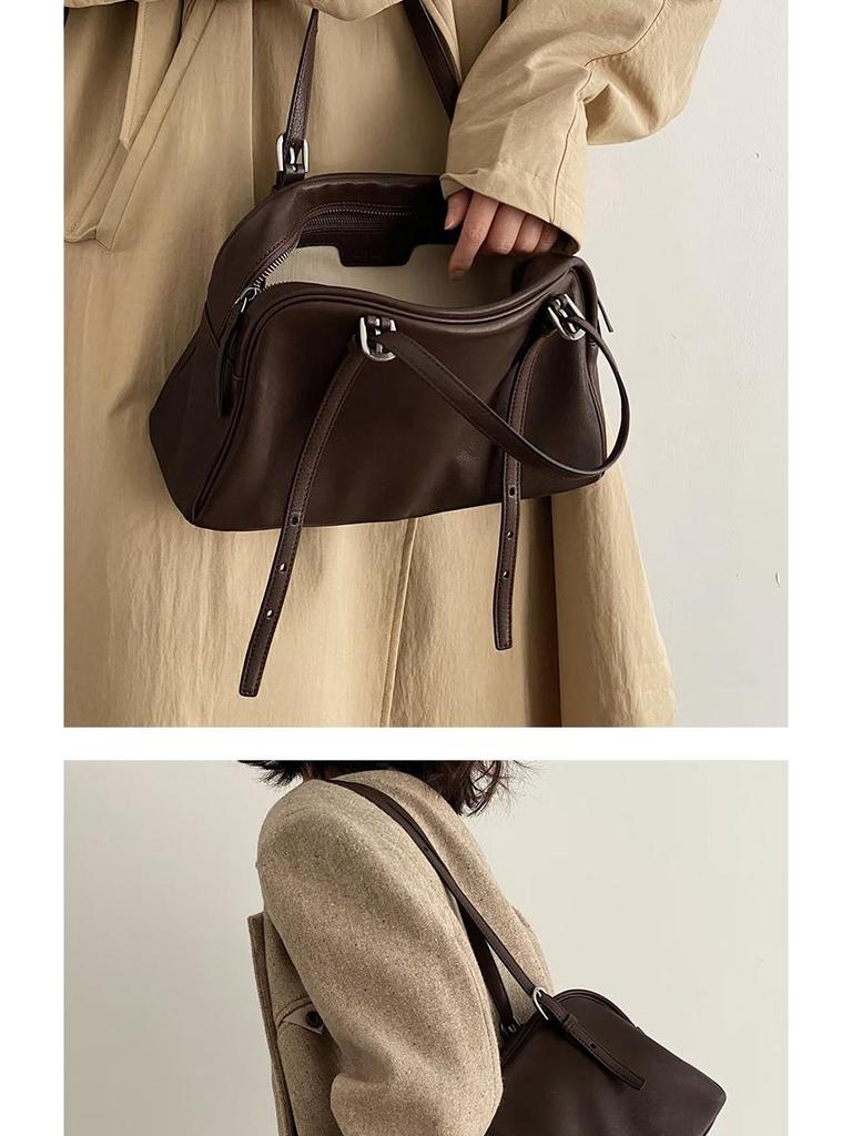 Нишевая Ретро Кожаная Сумка для Боулинга Yoyo Большой Вместимости - Женская Высококлассная Сумка на Плечо