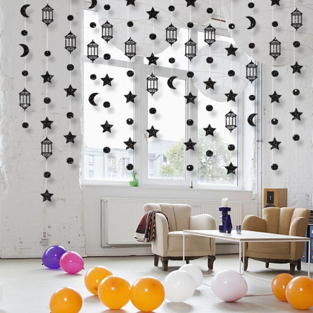 Gold Silver Eid Mubarak Banners DIY Paper Glitter Paper Ramadan Kareem Decor Pull Flag Ceiling Hanging Star Moon Lantern