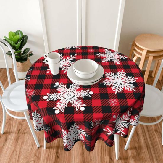 Christmas Table Cloth Snowflake Plaid Print New Year Style Round Shape Easy Care
