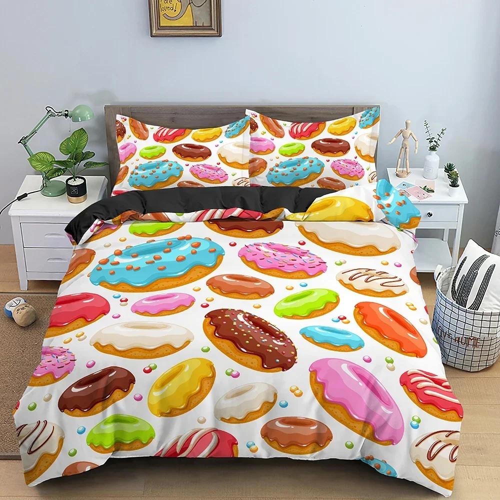 Donut Print Comfortable Duvet Quilt Cover Pillowcase Bedding Set Children Bedroom Decoration Home Textile