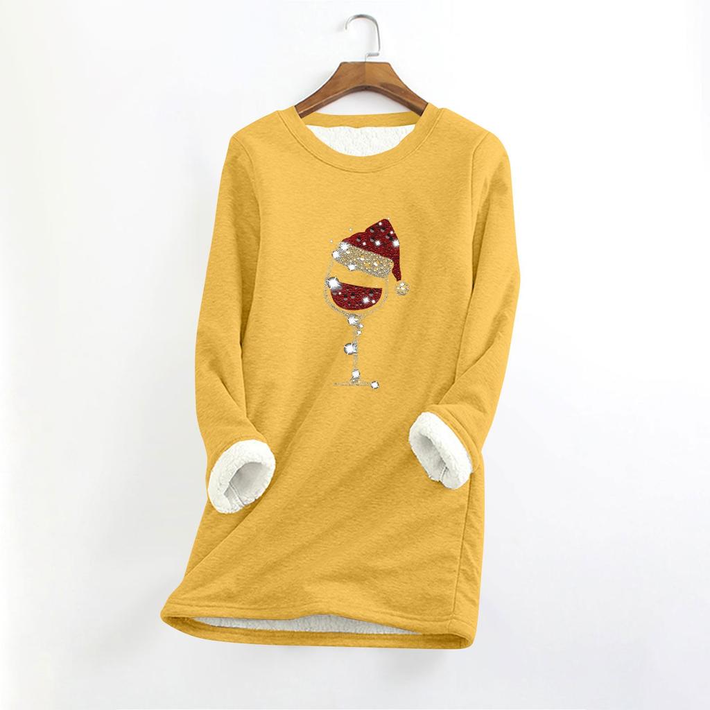 Женский круглый вырез с длинным рукавом и рождественским принтом, утолщенный плюшевый кашемировый теплый длинный топ