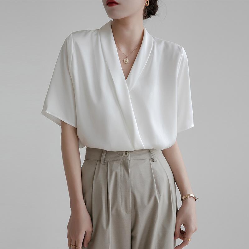 GMXIA Женская летняя белая рубашка с v-образным вырезом и короткими рукавами, женская атласная легкая зрелая нежная рубашка