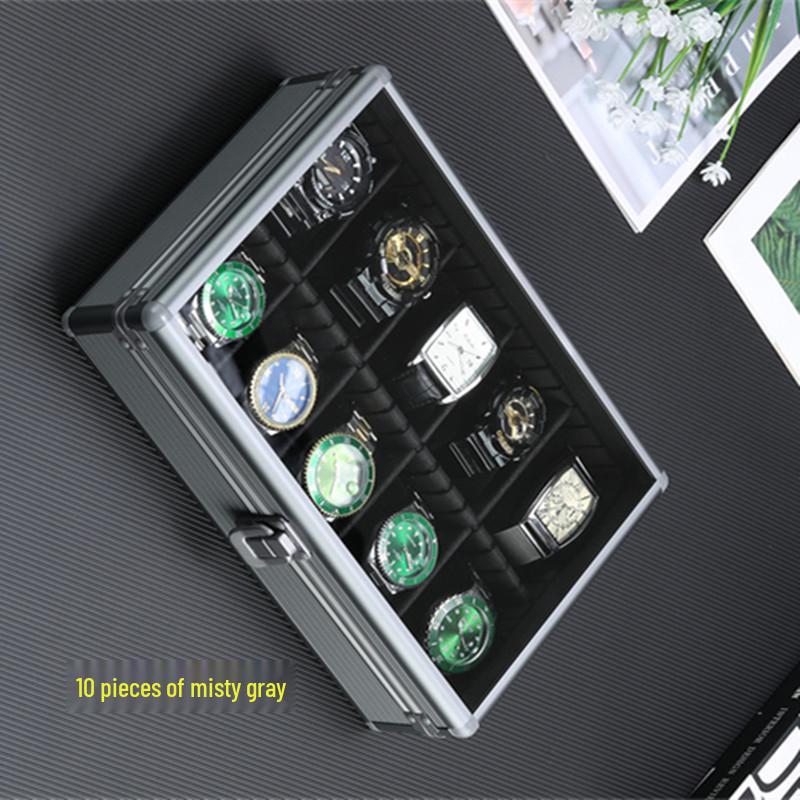 Многофункциональная коробка для часов и ювелирных изделий из алюминиевого сплава «Дымчато-серый» с прозрачной крышкой