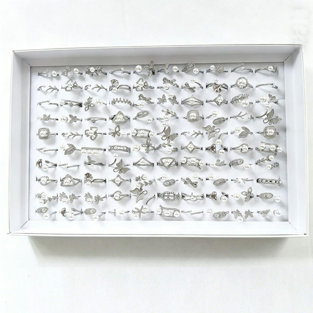 10Pcs Korean version minimalist ring with zirconia, pearl open-ended ring accessory