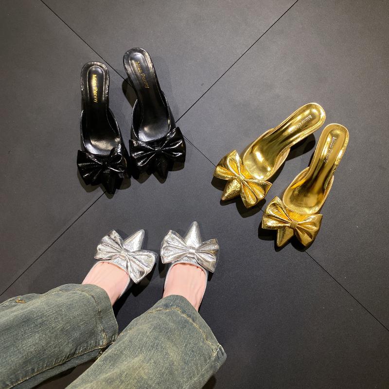 Bow Silver Autumn New Water Diamond Pointed Toe Bridal Style High Heels Women's Thin Heels Party Shoes