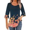 Women's Fashion Casual Pleated Round Neck Floral Print Three-Quarter Sleeve T-Shirt Top