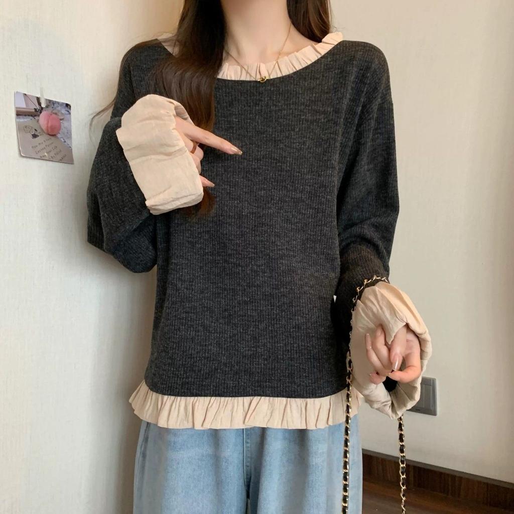 Футболки в стиле ленивой моды с оборками в стиле пэчворк весна-осень новые длинные рукава контрастные свободные повседневные топы винтажная трендовая женская одежда