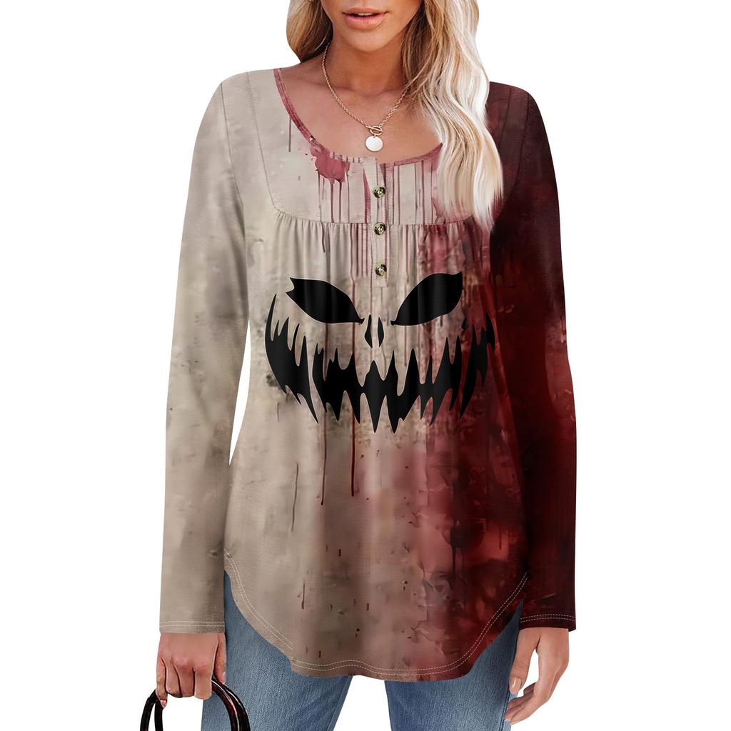 Женская туника с длинным рукавом, свободные топы, повседневные топы оверсайз, плиссированная туника, застегивающаяся на пуговицы, повседневные женские топы с принтом