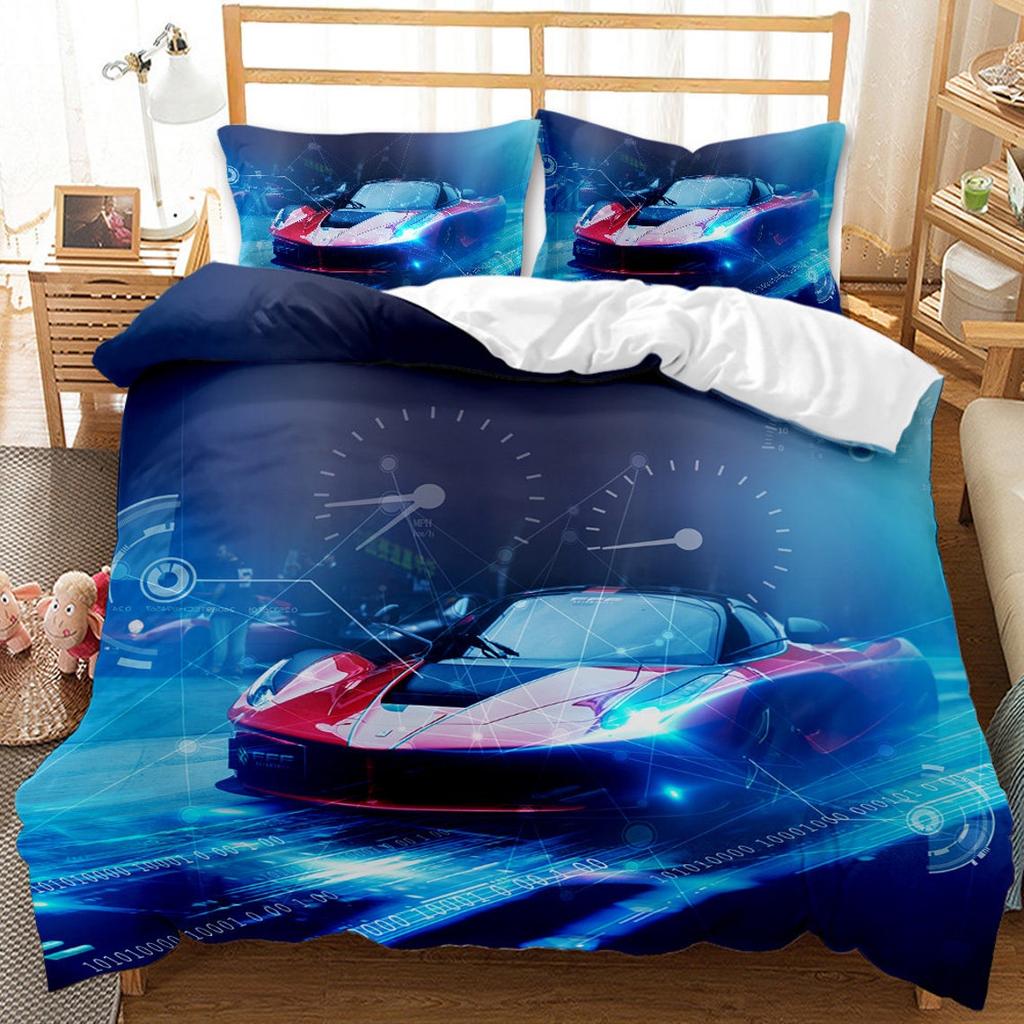 Sport Racing Car Duvet Cover Set Blue Race Car Bedding Set Full Size Boys Blue Flame Extreme Speed Sports Car Comforter Cover