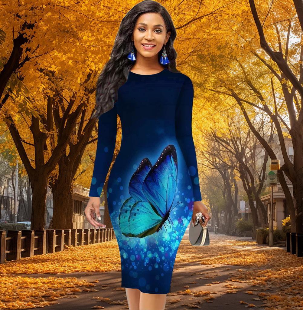 Длинный рукав, облегающее, офисное, облегающее, с принтом сверкающих бабочек, элегантное облегающее платье