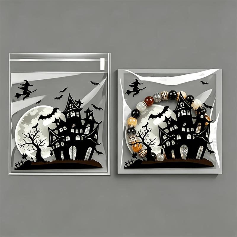 100pcs/pack Halloween Self-adhesive Plastic Gift Bags, Reusable Skeleton, Bat & Pumpkin Designs, Durable Bags for Party&Events