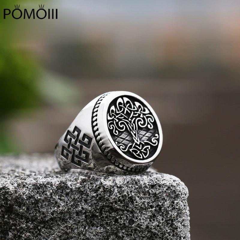 Vintage Mens Viking Tree of Life Signet Ring Cool Mens 316L Stainless Steel Nordic Rune Rings Retro Amulet Jewelry