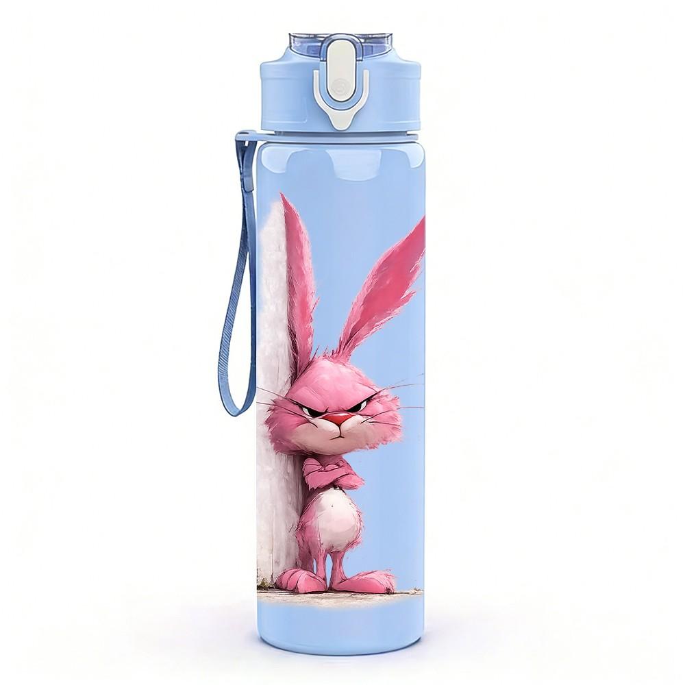 1PC Pink Long Ear Bunny Cartoon Print 750ml Color Plastic Sports Water Bottle Leakproof Flip Straw Lid Suitable for Sports Office Home Use