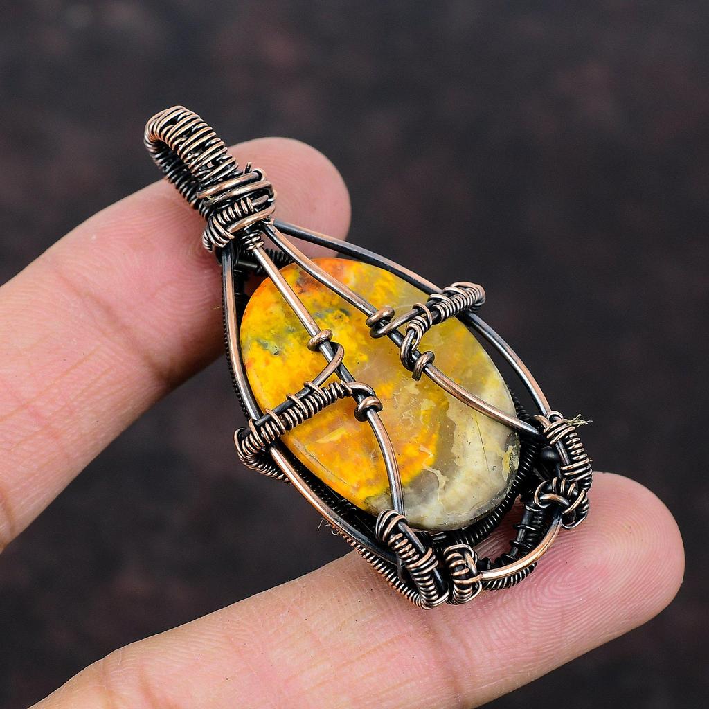 Bumble Bee Jasper Pendant Copper Wire Wrapped Pendant Gemstone Pendant Unique Copper Jewelry Handmade Pendant Wire Wrap Jewelry Gift For Him