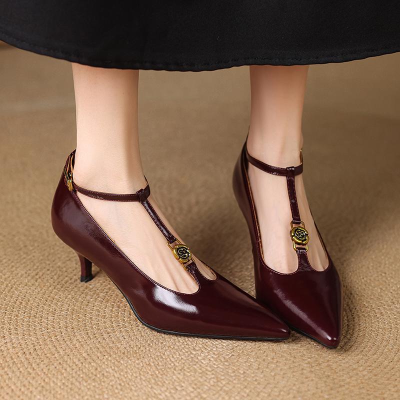 Мода 2025 Весна Женские Туфли Женская Обувь Острый Носок Тонкий Каблук Высокие Каблуки Мэри Джейн Женская Обувь Натуральная Кожа Красные Свадебные Туфли