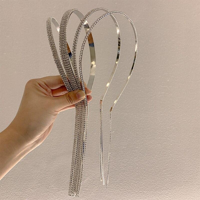 Korean Trend Full Rhinestone Long Tassel Head Band For Women Hair Accessories Metal Silver Crystal Headband Luxury Wedding Jewelry