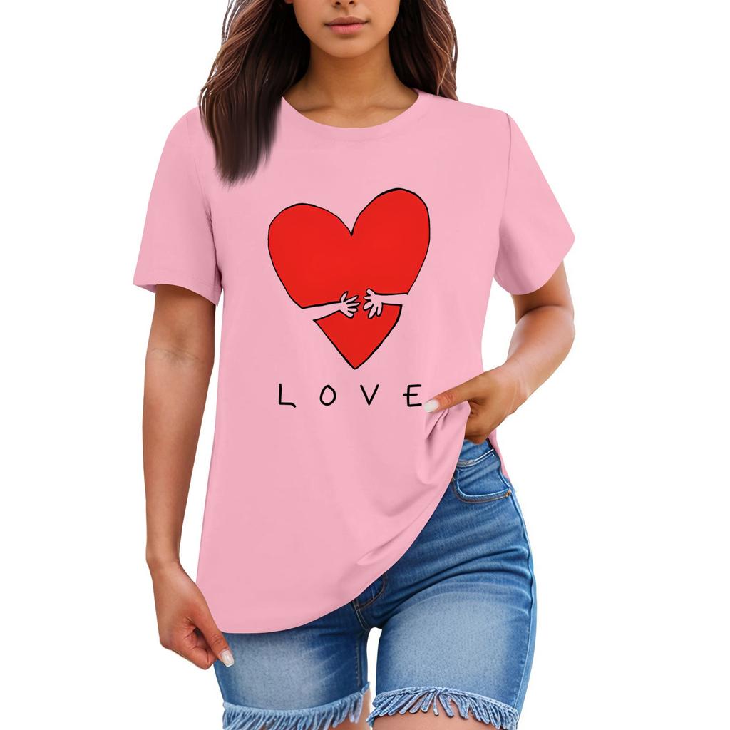Ladies' Loose Comfortable Casual Fashionable Heart And LOVE Character Pattern Printed Round Neck Short Sleeved Shirt
