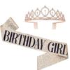 2Pcs/Set Glitter Birthday Tiara Gold Crystal Crown New Birthday Party Crown Sash  18 21 30 40 50th