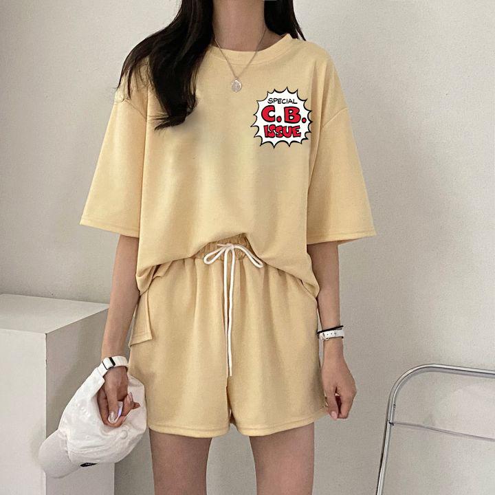 Женский летний повседневный спортивный свободный топ с коротким рукавом и шорты с принтом букв хлопковый комплект одежды из двух предметов