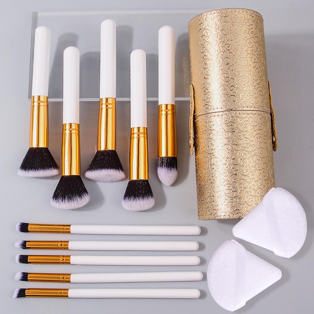 Beginner's 10-piece Makeup Brush Set, 2 Triangular Sponge Powder Puffs, Golden Storage Bucket, Portable Full Set of Beauty Tools
