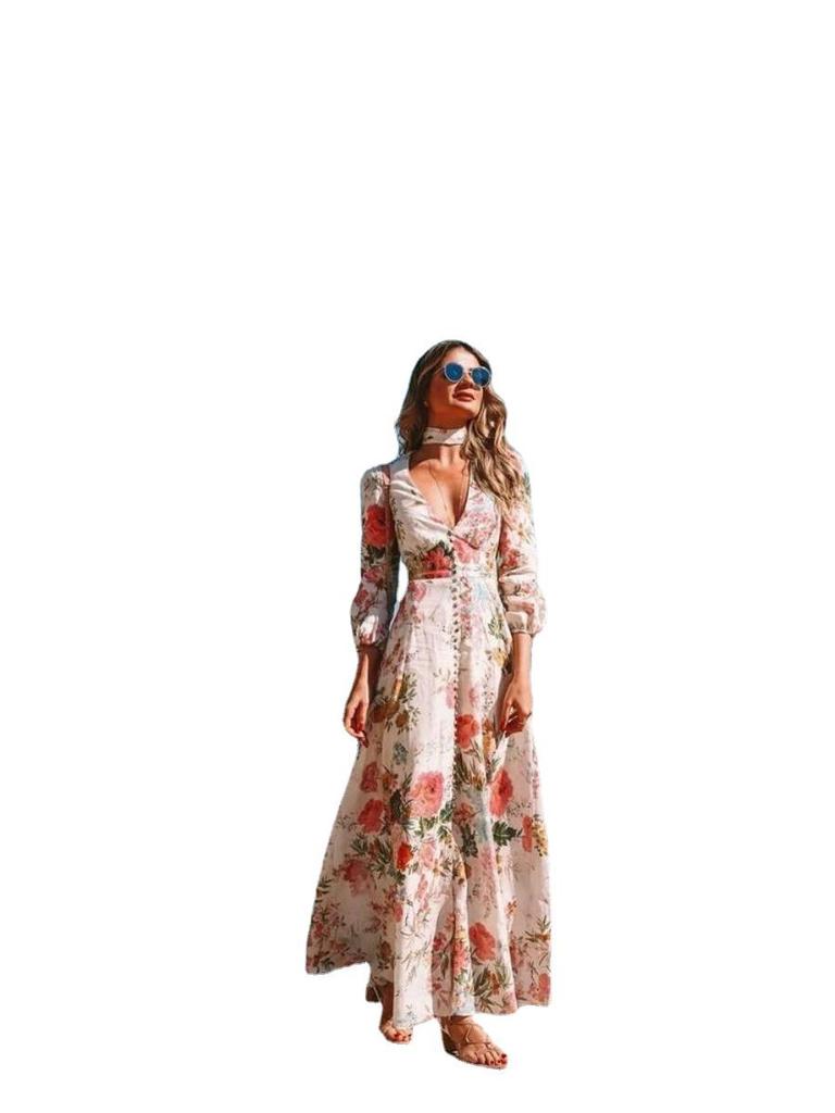 Romantic Floral Print Deep V-Neck Long Sleeve Maxi Dress for Spring/Summer 2021