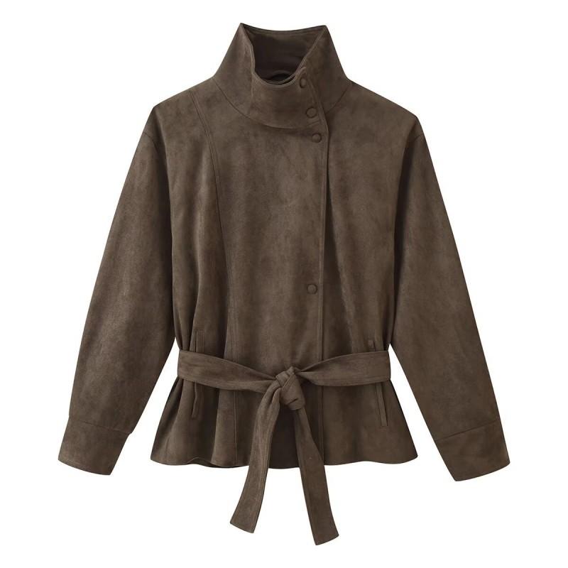 ZA Womens 2026 Fall Faux Suede Belted Jacket Casual Stand Collar Slim Fit Outerwear