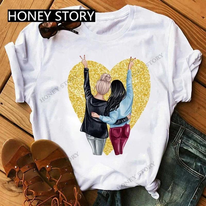 Summer Fashion Best Friends T-Shirt Short Sleeve Graphic Tees for Ladies Good Friend Bestie Sister Outfit Polyester Fabric