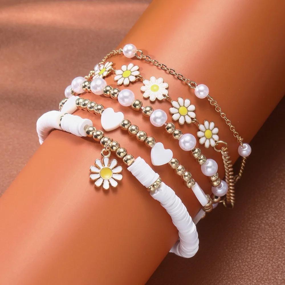 4PC Fashion Daisy Bracelet Imitation Zircon Beads Stainless Steel For Women Handmade Wrist Chain Accessories Zircon Gifts
