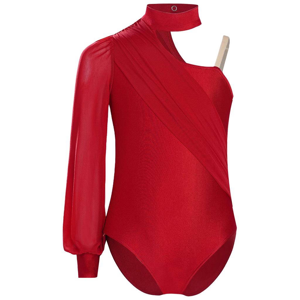Girls One Shoulder Dance Leotard Stage Performance Costume Mock Neck Long Sleeve Ruched Mesh Overlay Bodysuit for Kids Gymnastics