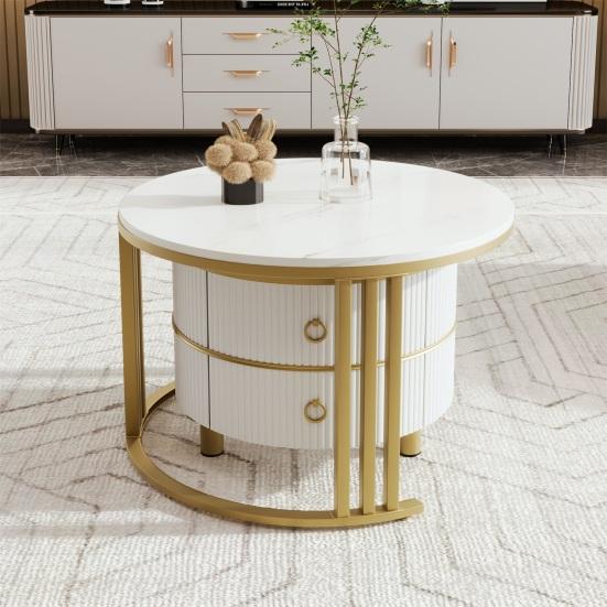 Rounded Edge Coffee Table with 2 Drawers Strong Load-bearing Spacious Desktop High-Gloss Marble Pattern Tea Table Living Room