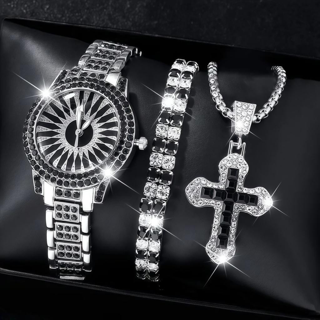 Popular Personalized Quartz Watch Jewelry Set, Men'S And Women'S Simple And Fashionable Double-Row Bracelet Cross Watch