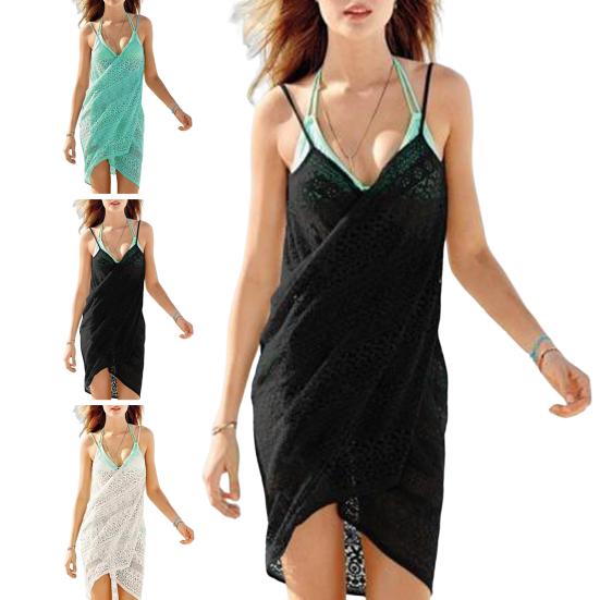 Chic Bikini Wrap Dress Sleeveless Anti-UV Above Knee See Through Hollow Out Knitting Bikini Cover Up