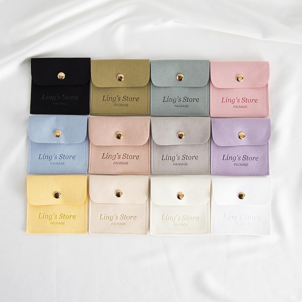 100Pcs Customized Logo 8x8cm Jewelry Microfiber Snap Bag Velvet Envelope Button Pouch Portable Travel Gift Organizer Ring Pocket