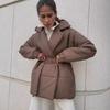Winter Warm Thicken Women's Coat Turndown Collar Belt Jackets Solid Color Casual Cotton-padded Coats Jacket