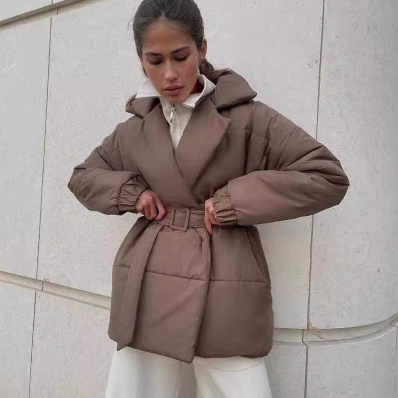 Winter Warm Thicken Women's Coat Turndown Collar Belt Jackets Solid Color Casual Cotton-padded Coats Jacket
