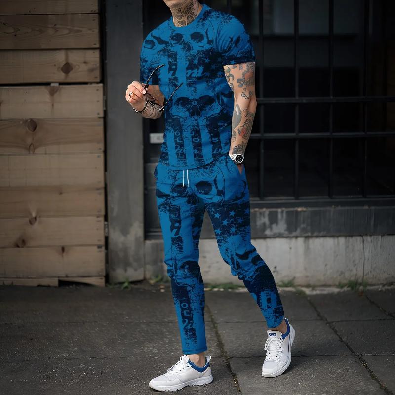 Новые летние мужские спортивные брюки, комплект из 2 предметов, футболка с короткими рукавами и принтом черепа 3D + брюки, уличная мода, праздничная мужская одежда