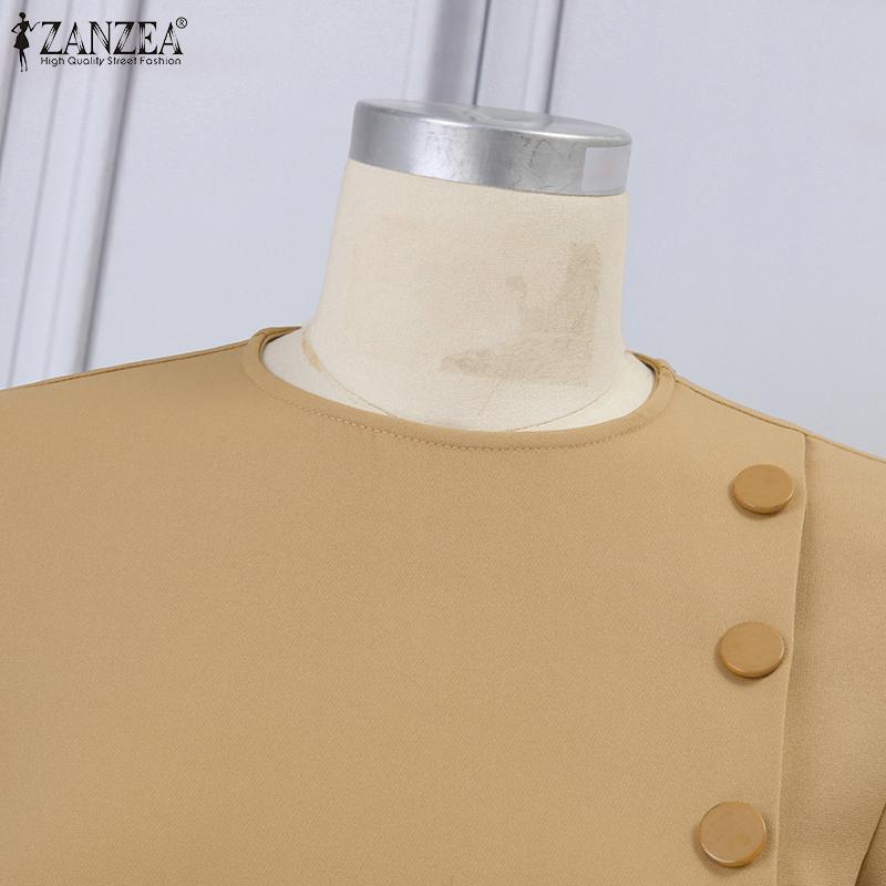 ZANZEA Женские элегантные платья с круглым вырезом и коротким рукавом