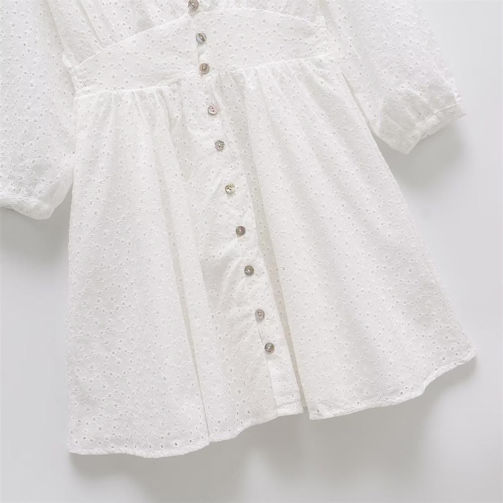 Spring/Summer 2025 Women's Embroidered V-Neck Elastic Waist Slimming Long-Sleeve Short Dress