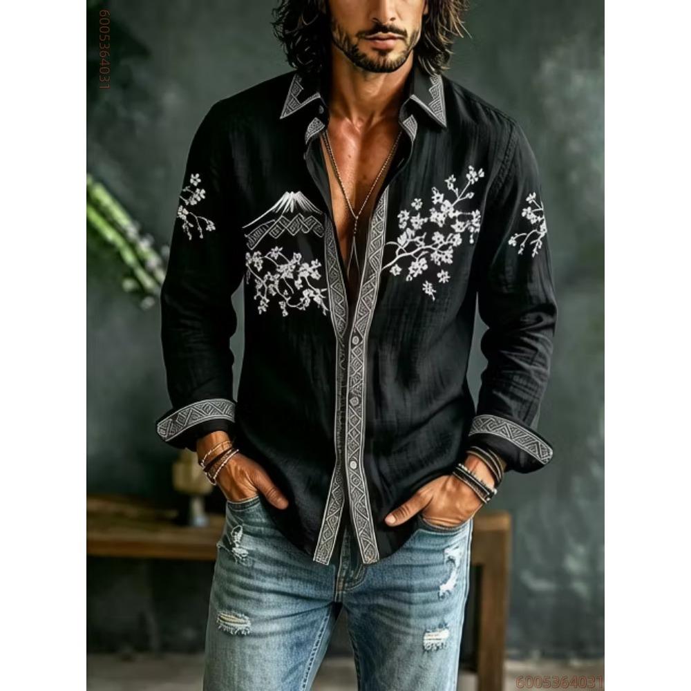 Men's Long Sleeved Shirt with Plum Blossom Mountain Print Shirt, Versatile and Comfortable Top for Daily Travel on the Streets