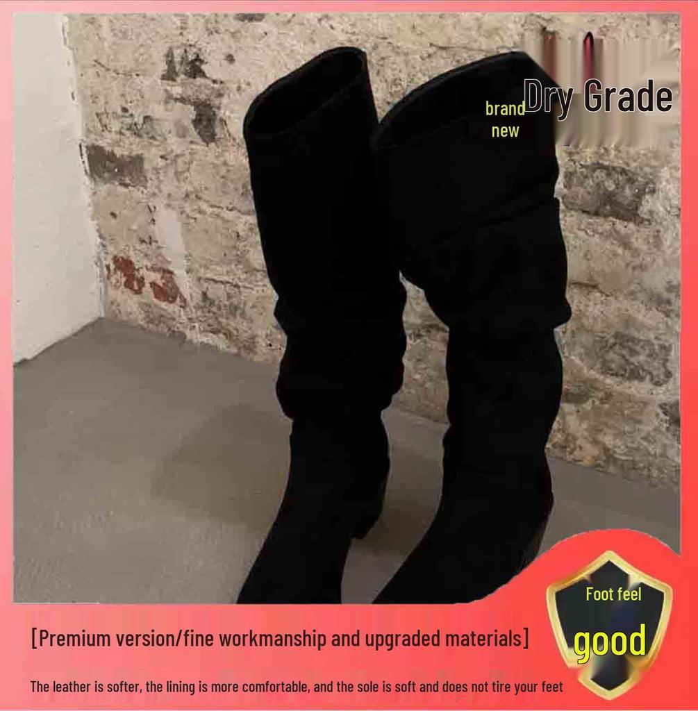 Женские замшевые ботфорты на высоком каблуке с острым носком и бархатной подкладкой, коллекция осень/зима 2024 - стиль "длинные рыцарские"