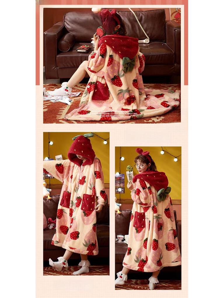 2023 Sweet Strawberry Плотный коралловый флисовый халат-комплект - Cozy Home Loungewear