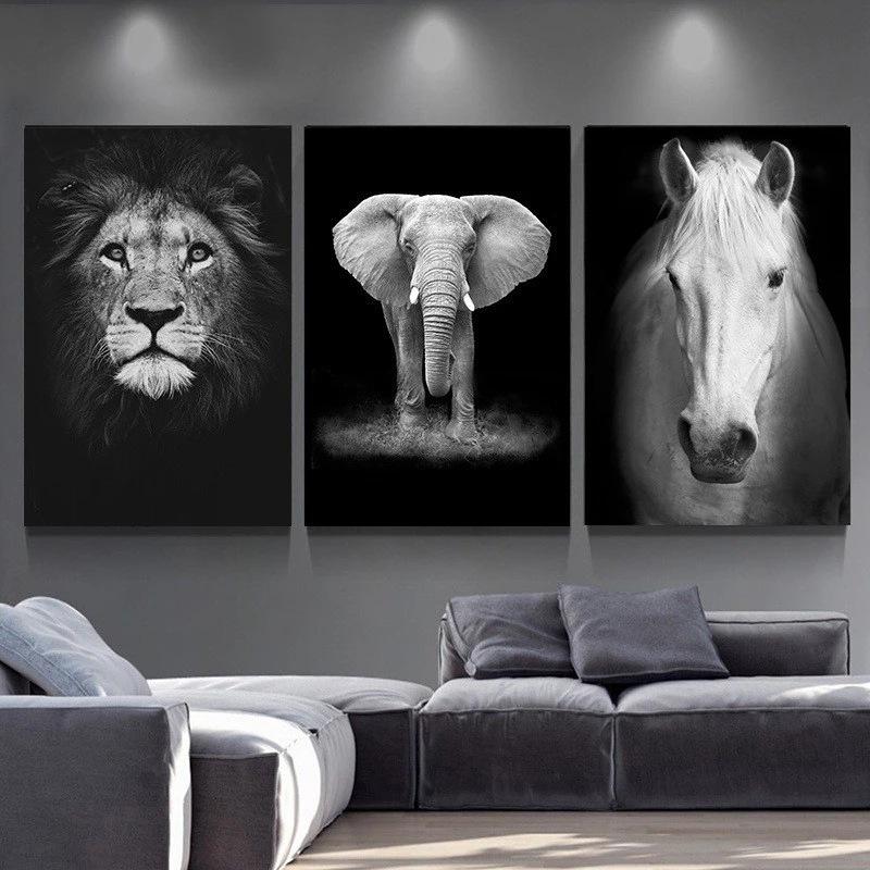 Animal-Themed Giraffe, Zebra, Lion, Elephant, Horse Prints & Poster, Black and White Canvas Art Wall Decorative Picture