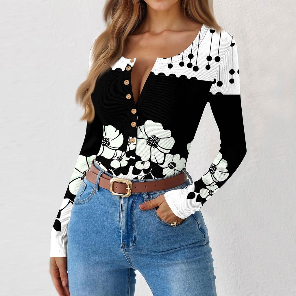 Women's Slim Bottom T-shirt Fashion Casual Gradient Printing Round Neck Pullover Long Sleeve Top