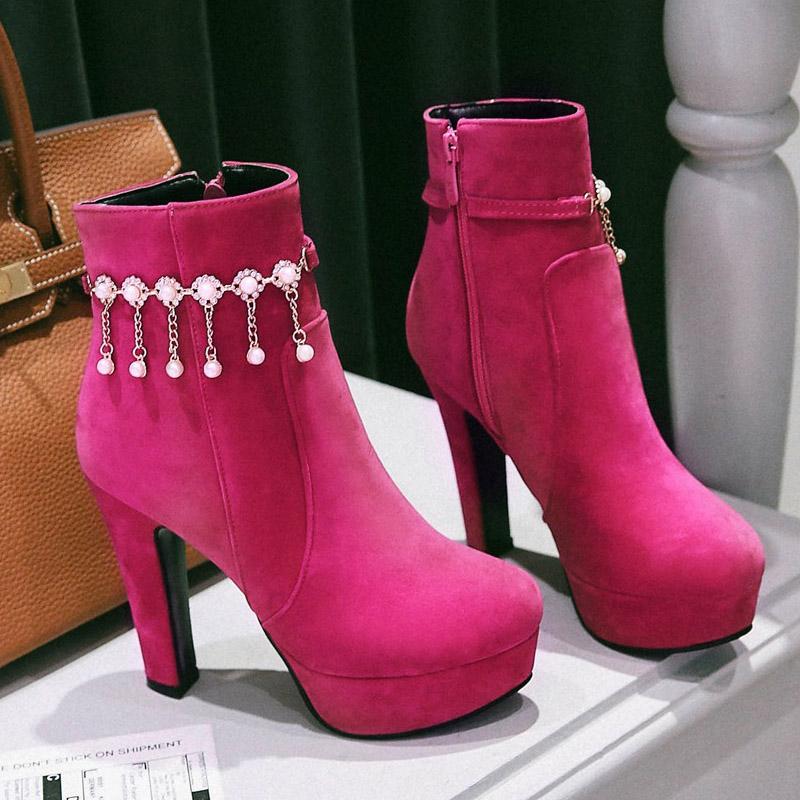 Женские короткие сапоги на высоком каблуке, модные непромокаемые однотонные короткие ботинки на платформе и толстом каблуке, большие замшевые ботинки на высоком каблуке