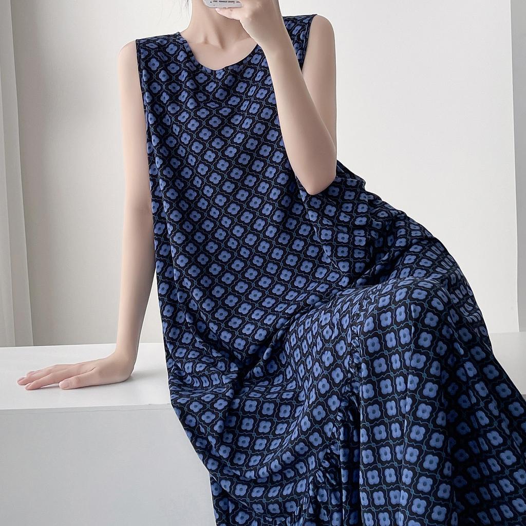 Sleeveless cotton and silk nightgown women's summer idyllic loose large size dress can be worn outside floral artificial cotton fishtail skirt