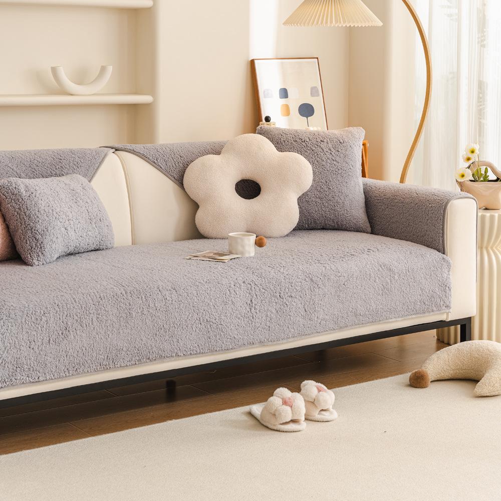Lamb Wool Sofa Cushion Autumn And Winter New Thickened Non-Slip Seat Cushion Plush Sofa Cover Cover Cloth Solid Color