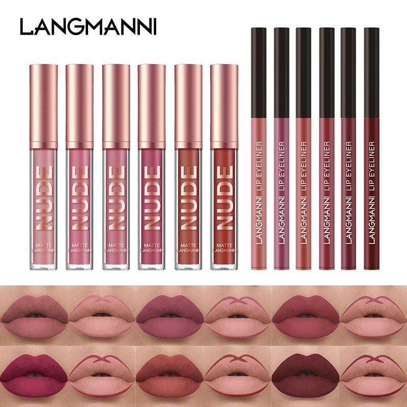Langmanni Lip Gloss Lip Liner Set 2 Sets Non-sticky Cup Matte Lip Gloss Set