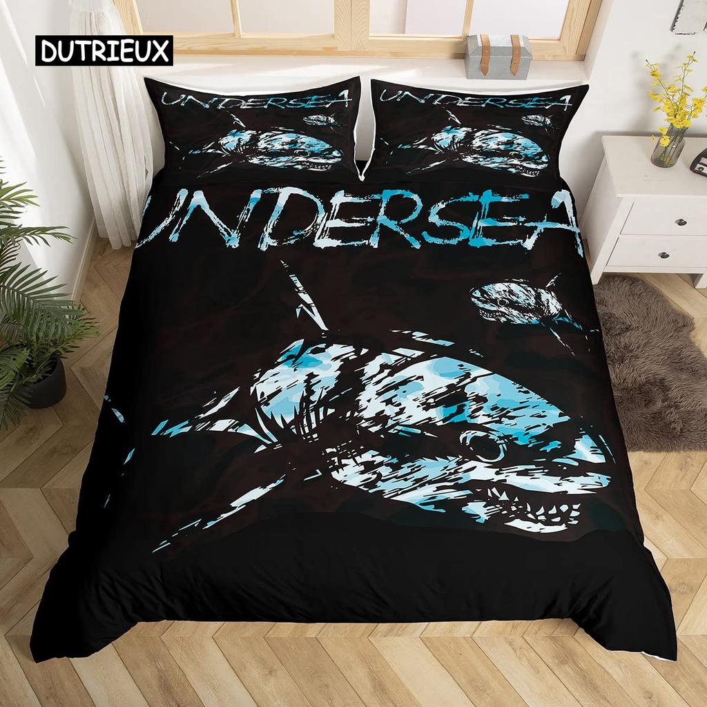 Комплект постельного белья с изображением акулы, комплект постельного белья с изображением глубоководных животных, мультяшные акулы из океана, красочный нарисованный вручную пододеяльник для детей, мальчиков и девочек