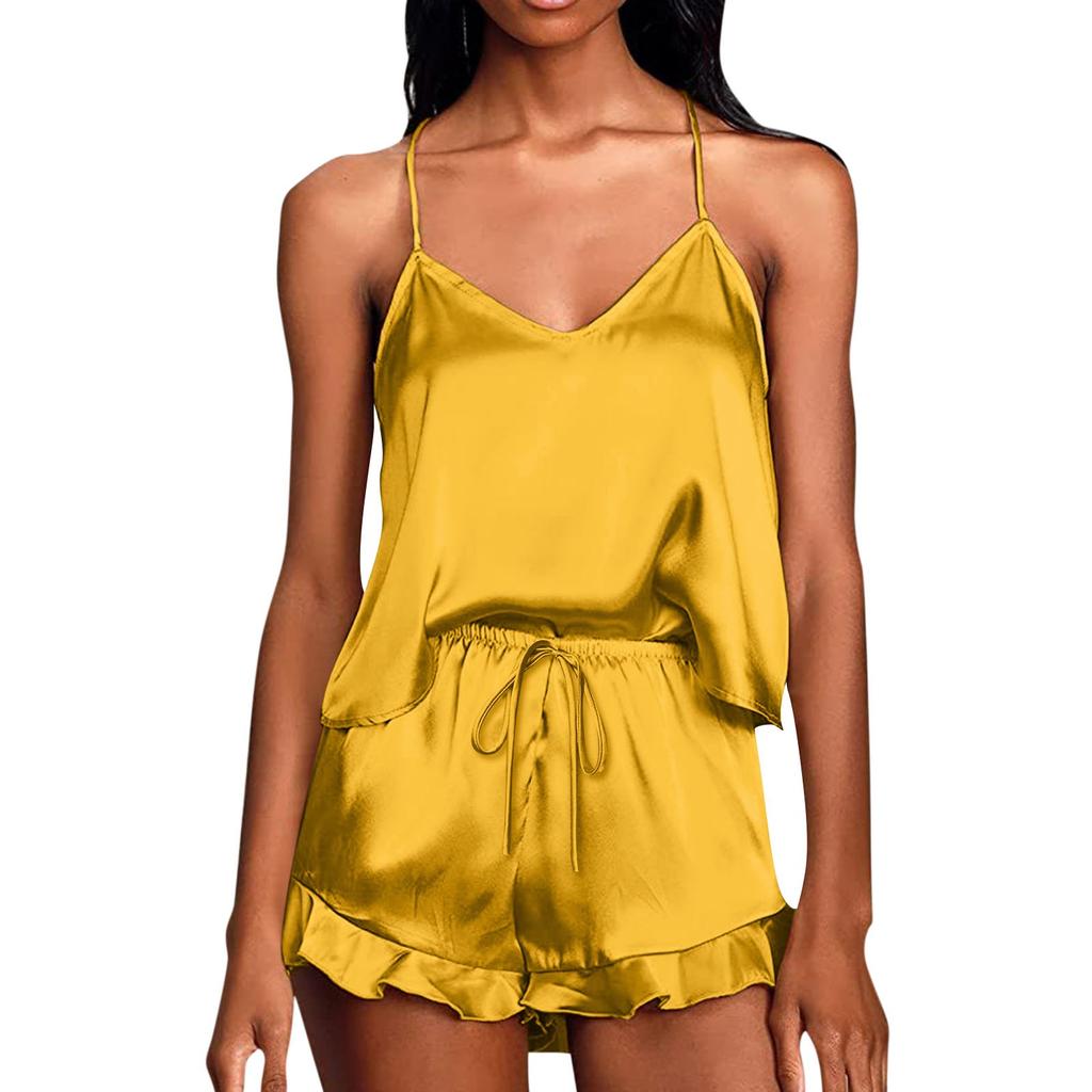 Пижама для женщин комплект из атласа 2 предмета шелковый топ и шорты повседневная мода с оборками мягкая одежда для сна