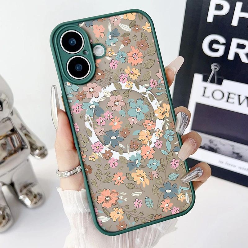 Магнитный чехол с узором из оранжевого цветка для iPhone 16 Pro 15 14 Plus 13 12 Pro Max 11, ударопрочный, прозрачный, с мягкими краями, акриловый, жесткий, защитный чехол для линз